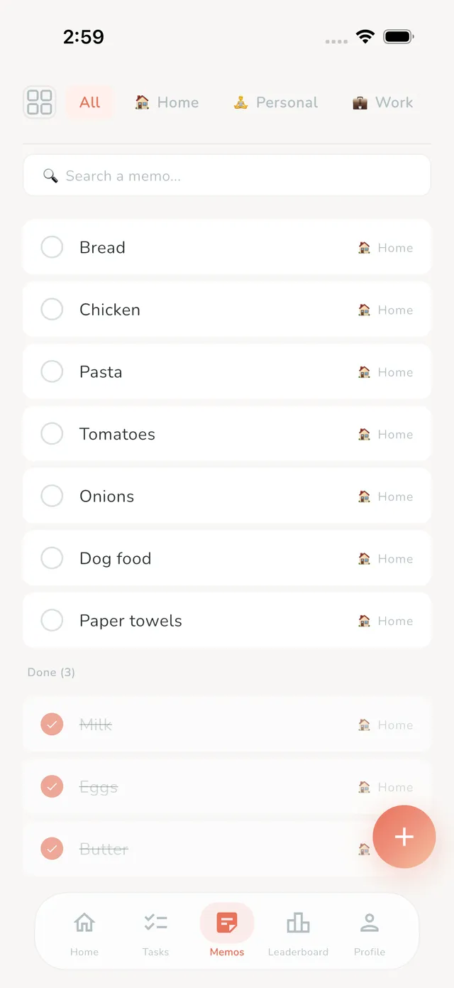 Memos checklist screen